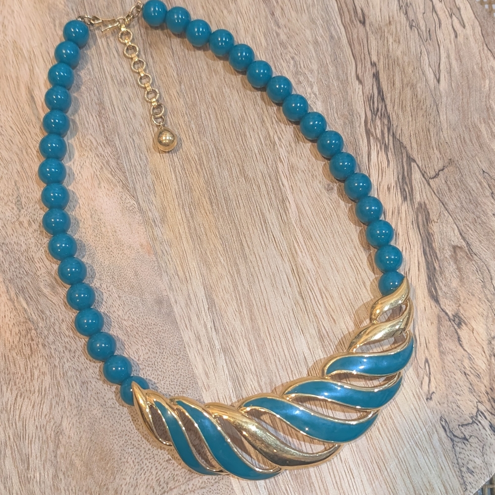 Vintage 80s Monet Gold and Teal Green Enamel Collar Necklace